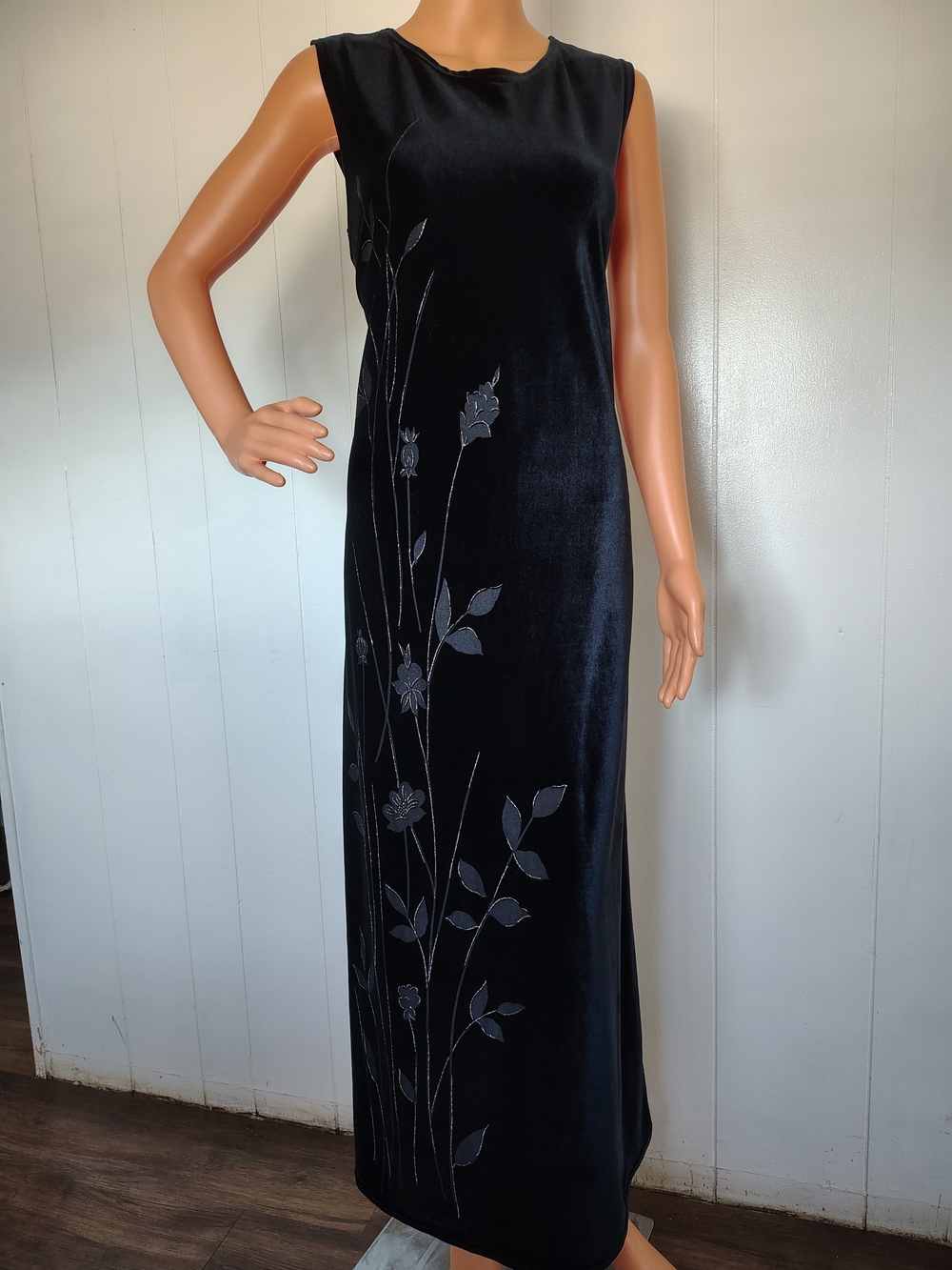 Vintage Norton Studio Black Velvet Floral Maxi Dress Size L